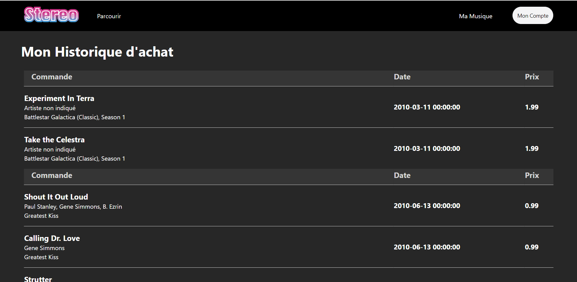 Page d'historique du site